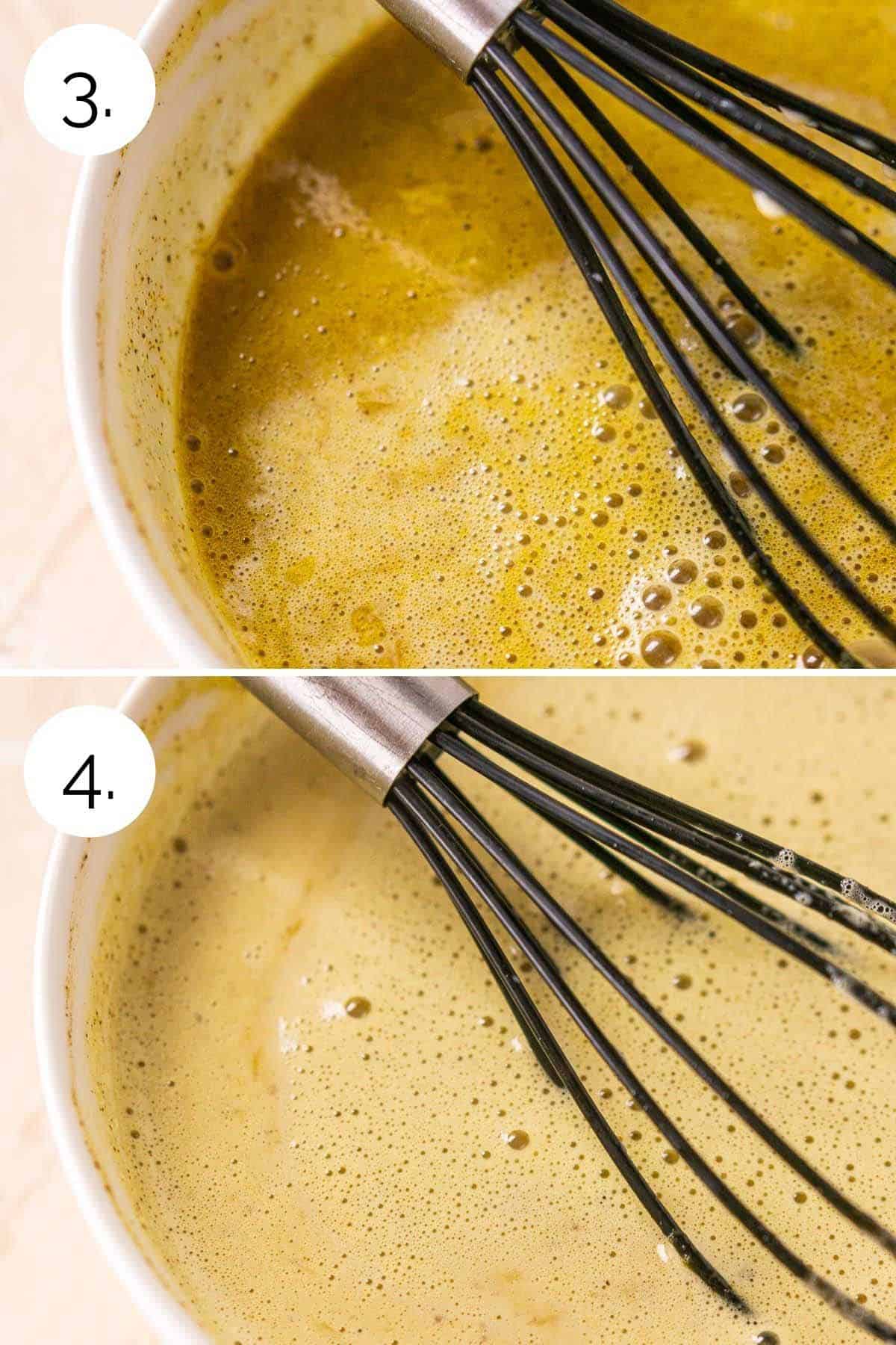 Showing the processing of whisking the cream and egg mixtures together.