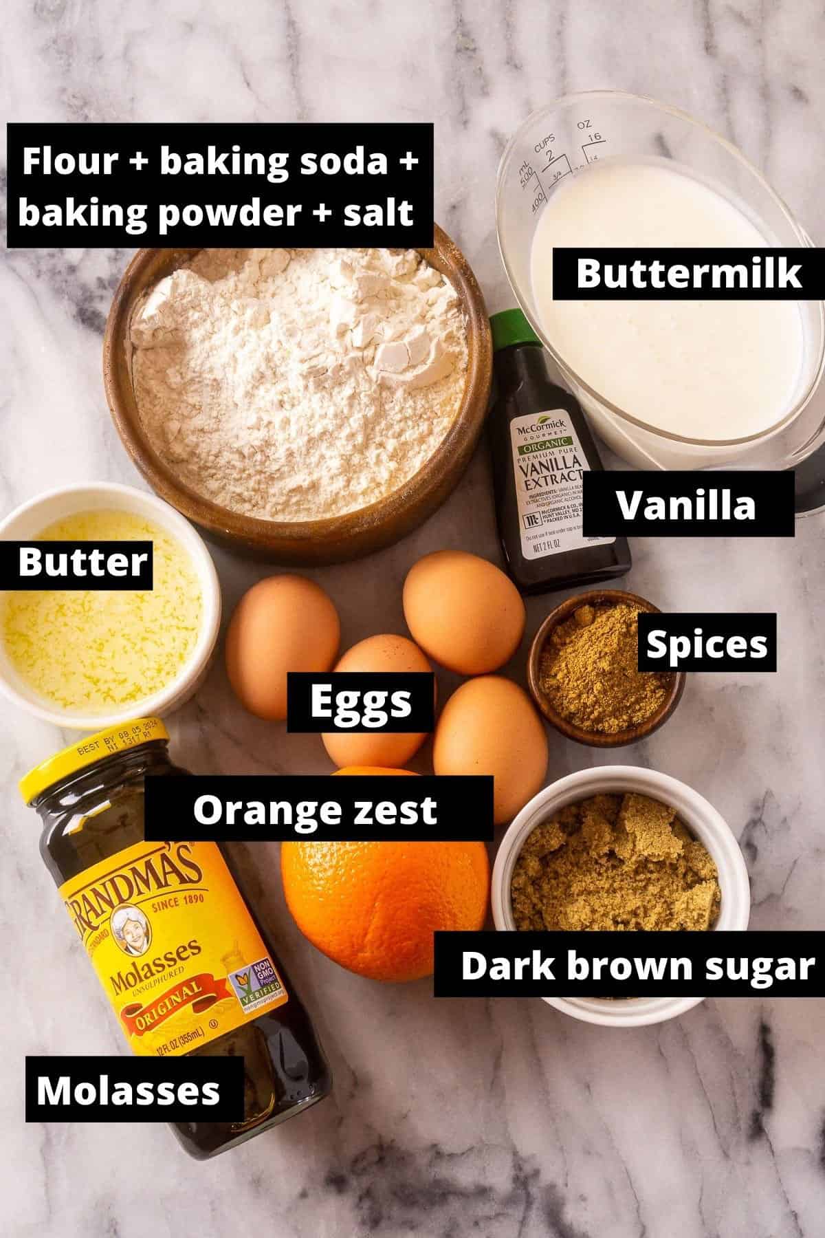 All the gingerbread waffle ingredients with black and white labels.