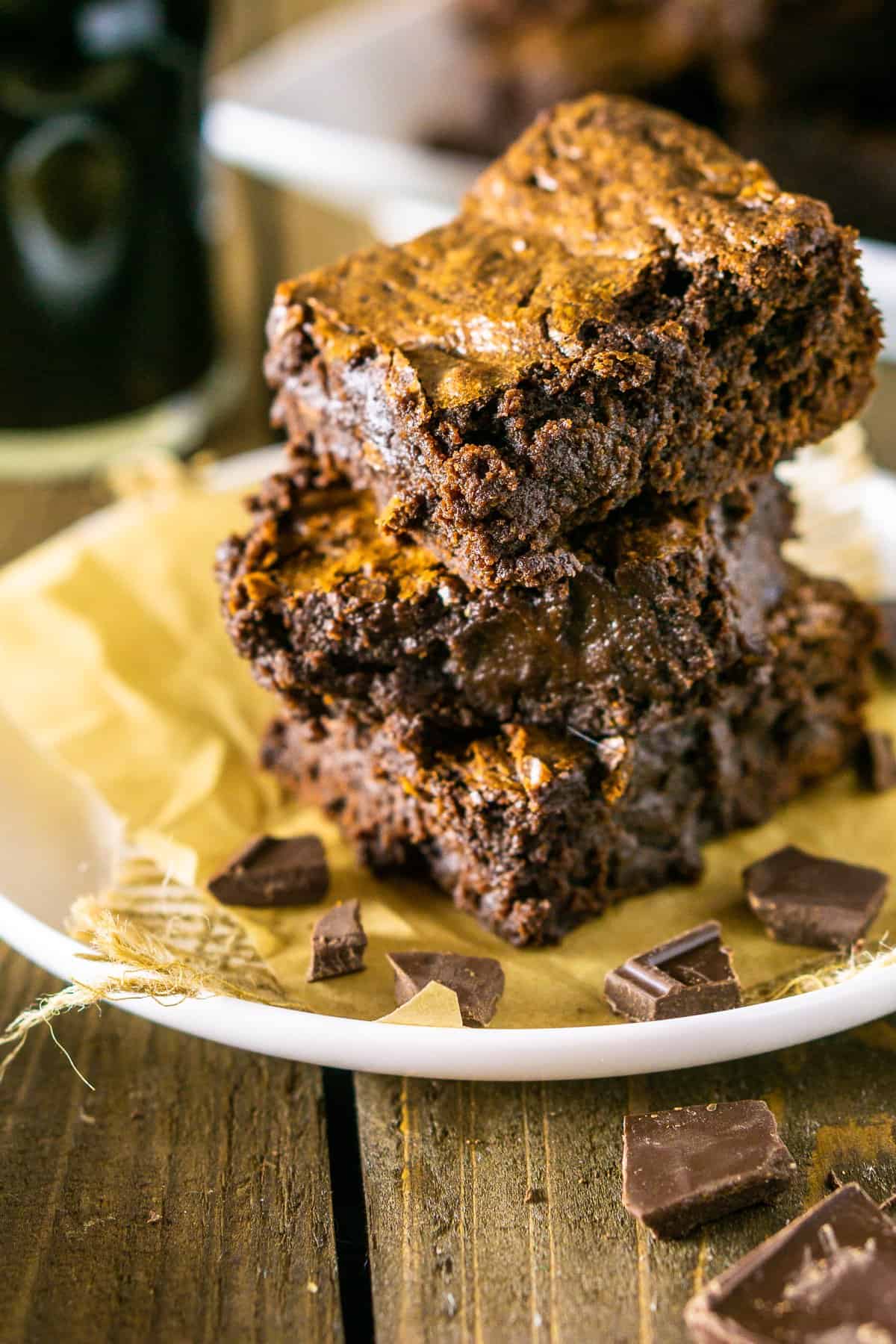 An aerial view of a stack of fudgy stout brownies.