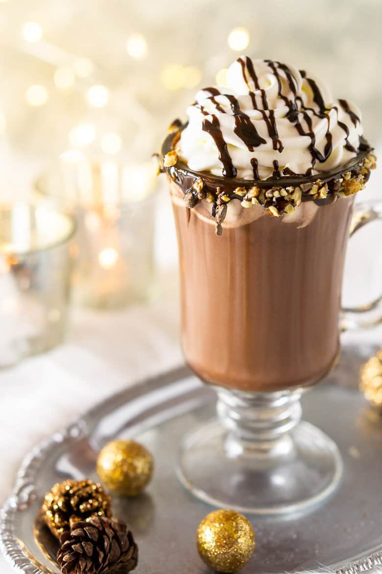 The homemade hot cocoa on a silver tray.