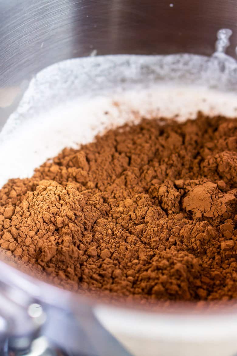 The cocoa powder in the saucepan before whisking.