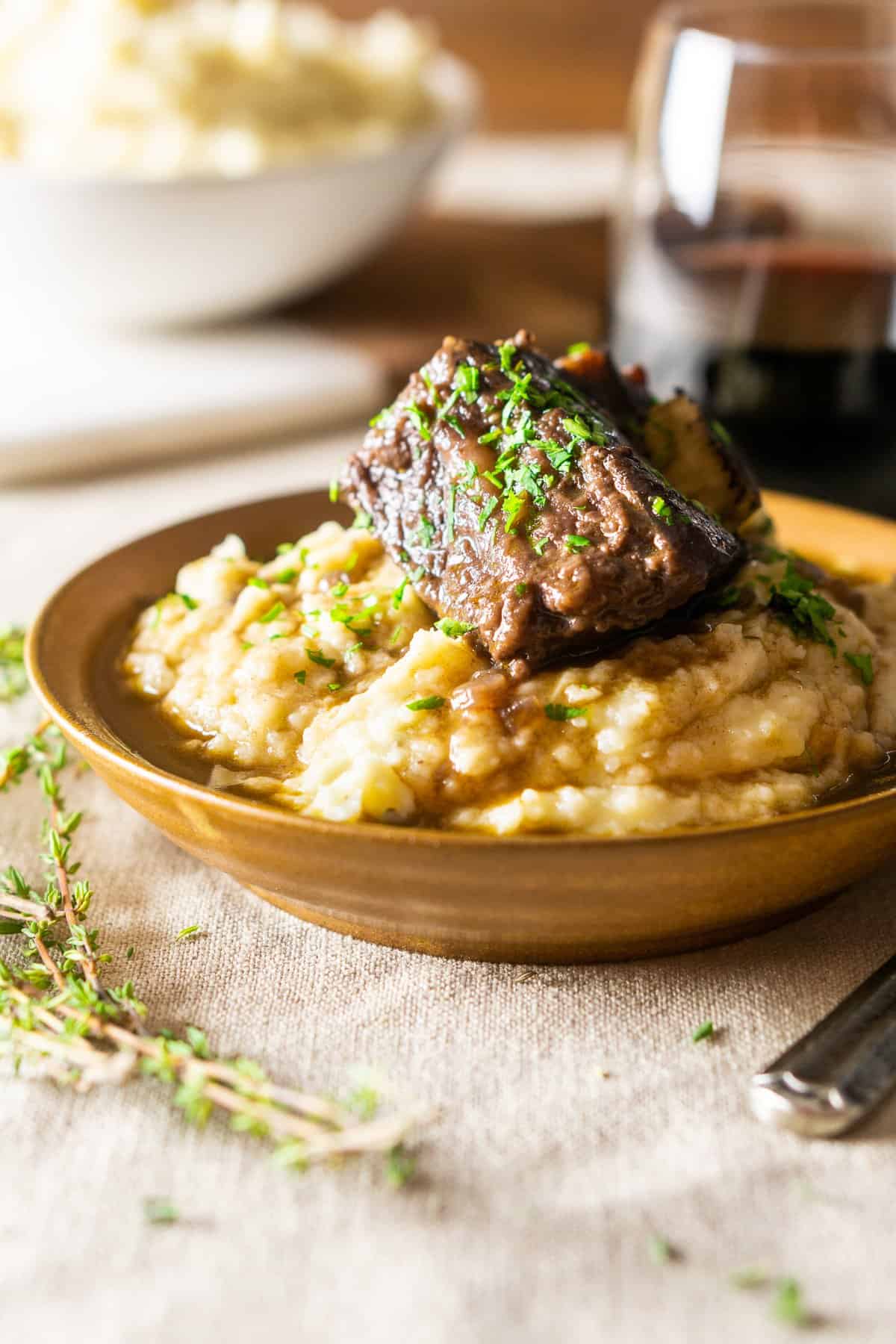  The red wine-braised short ribs on brown butter mashed potatoes.