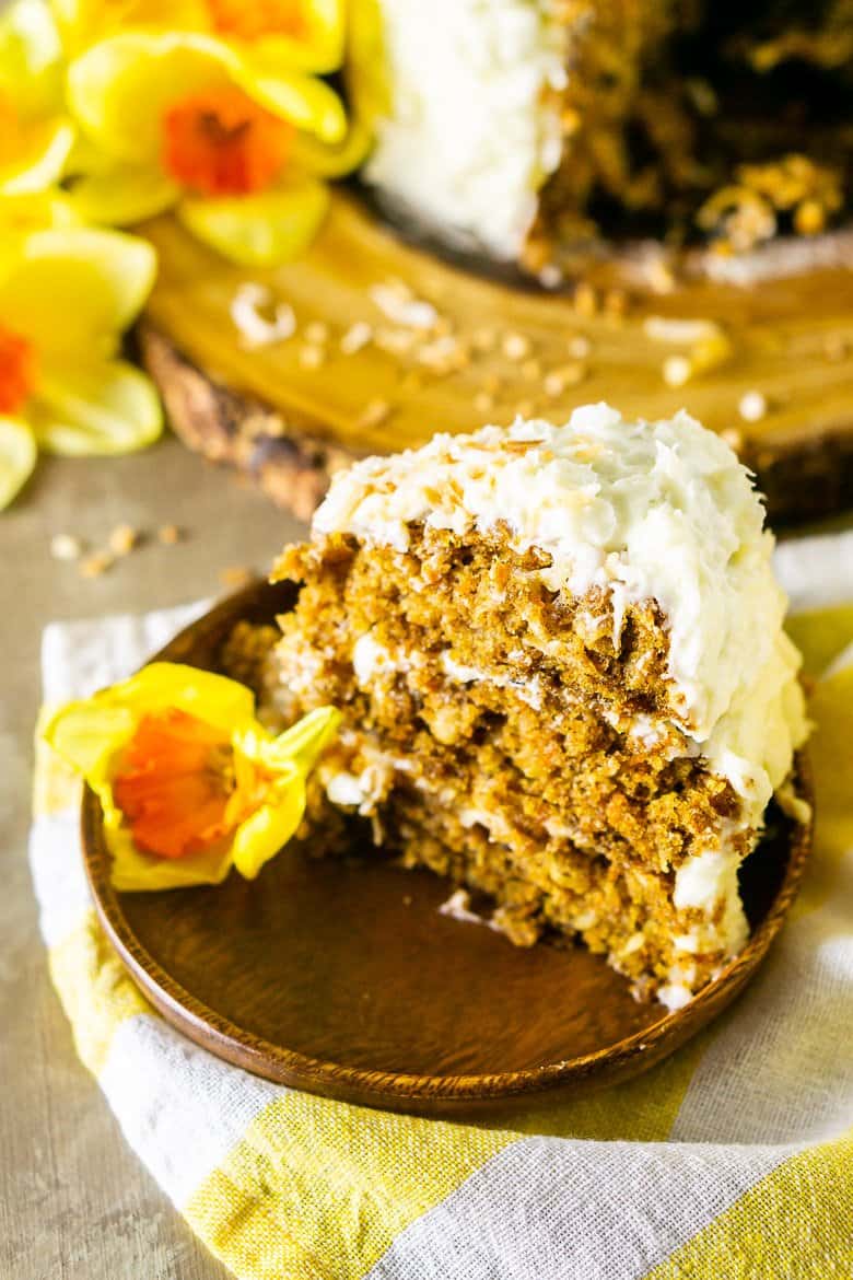 An aerial view of a slice of homemade carrot cake.