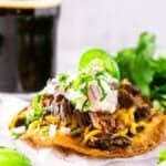 The beer-braised Mexican shredded beef on a tostada with a stout in the background.