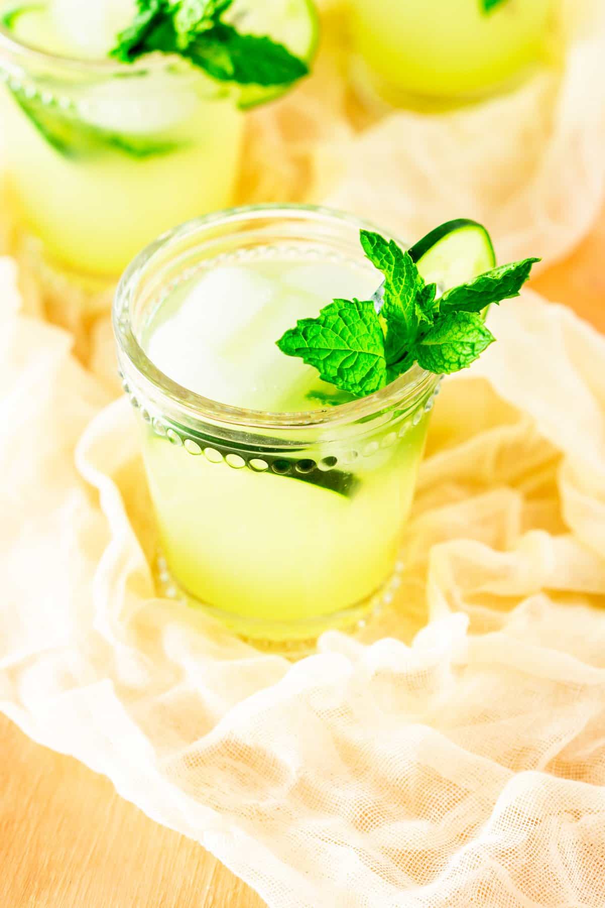 An aerial view of the mint-cucumber lemonade.
