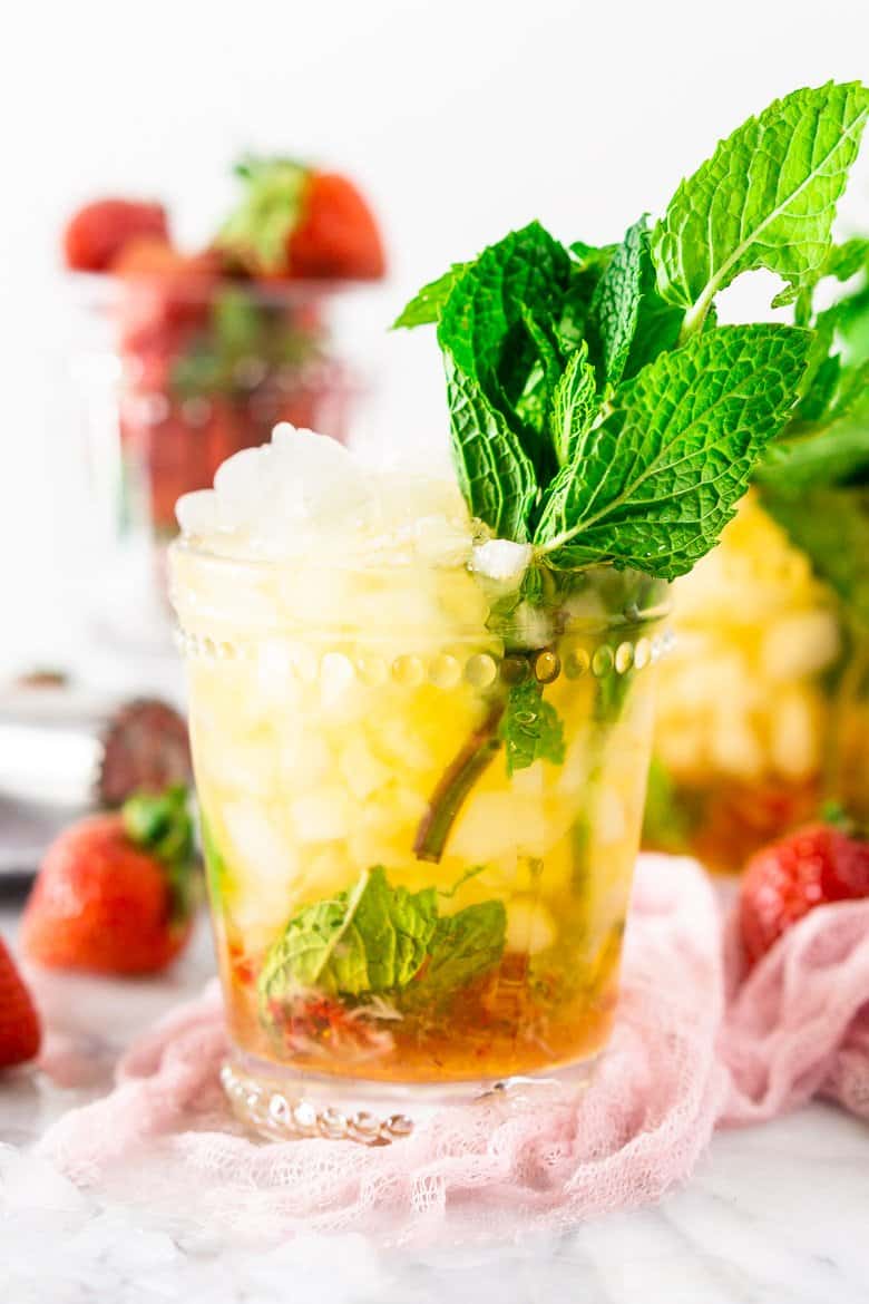 A closeup of the strawberry mint julep.