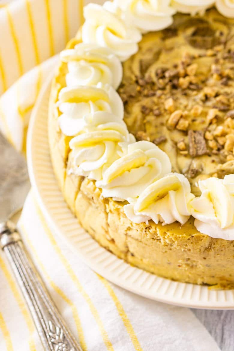 An aerial view of the toffee-bananas foster cheesecake with a pie server.