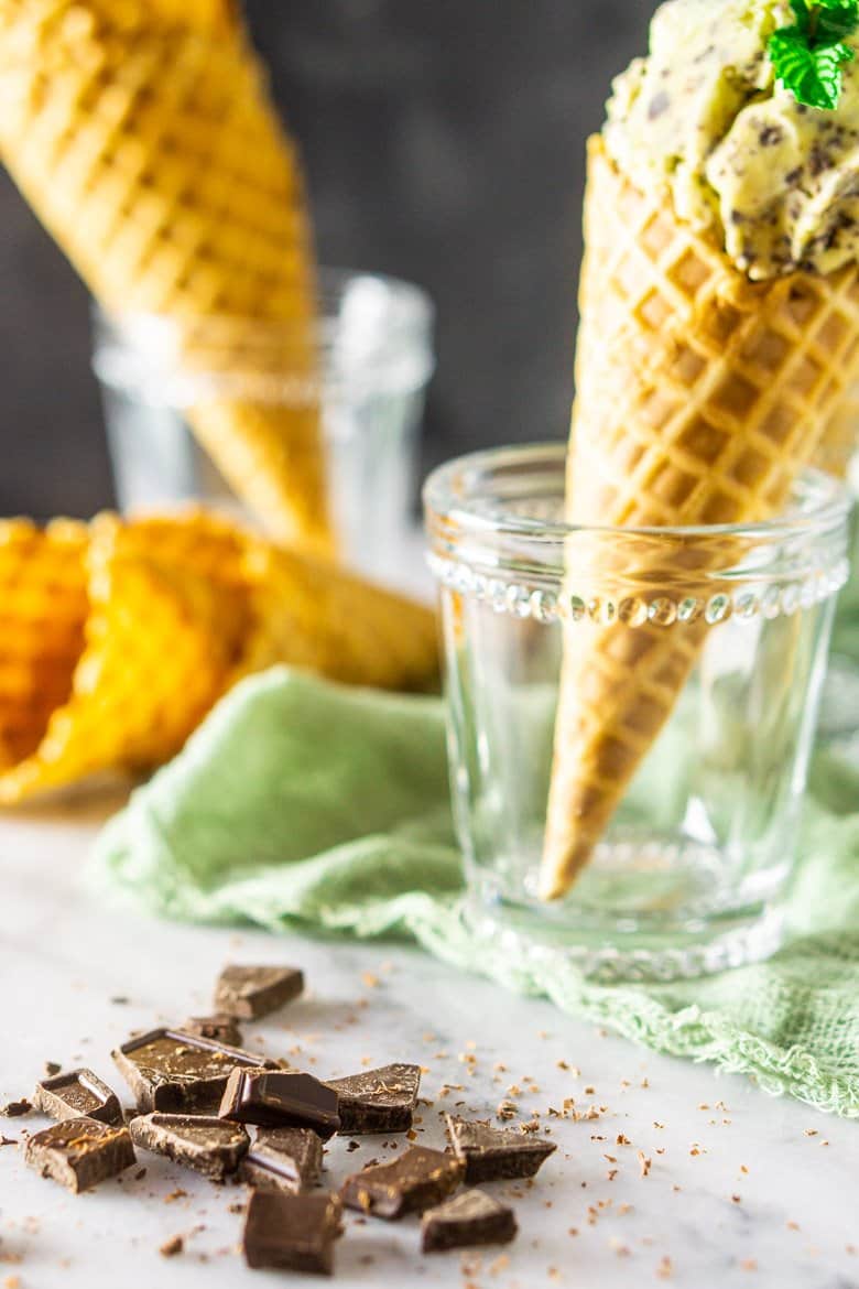 Chopped chocolate used in the fresh mint-chocolate chip ice cream.