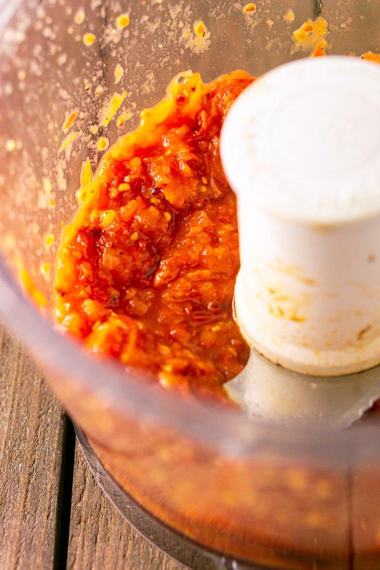 Tomatoes pulsed in a food processor until chunky.