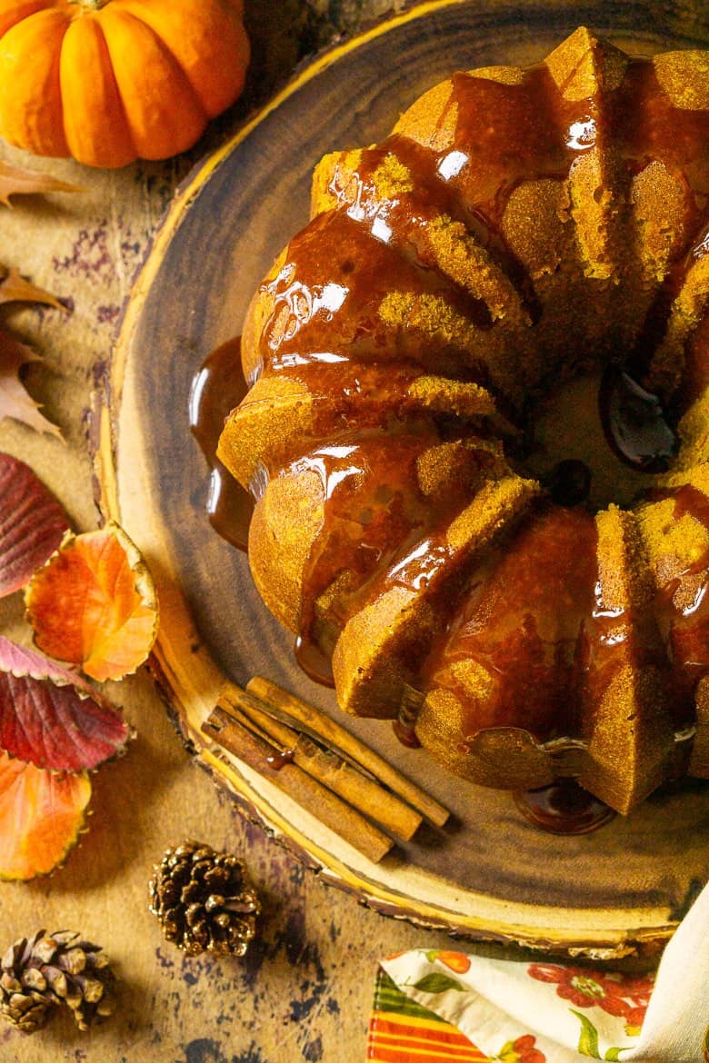 An aerial view of the buttermilk-pumpkin pound cake with fall foliage.