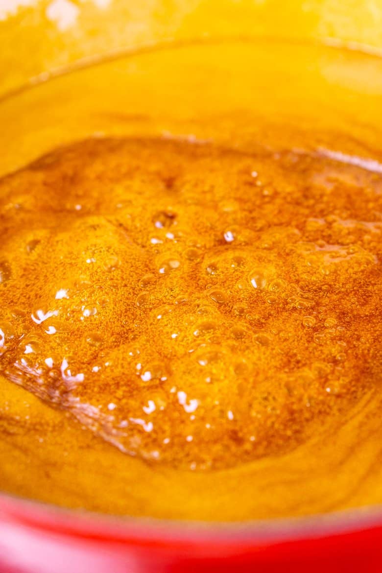 The gingerbread toffee mixture as it's beginning to boil in some parts.