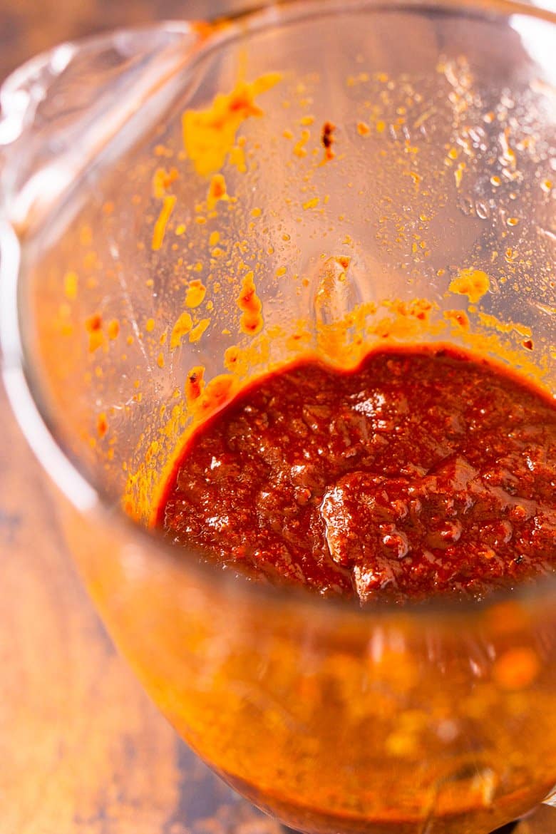The dried chili paste in a blender after mixing until smooth.