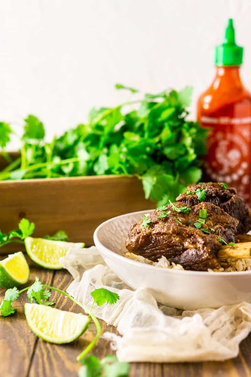 Looking straight on to a bowl of sriracha short ribs with cilantro and hot sauce in the background.