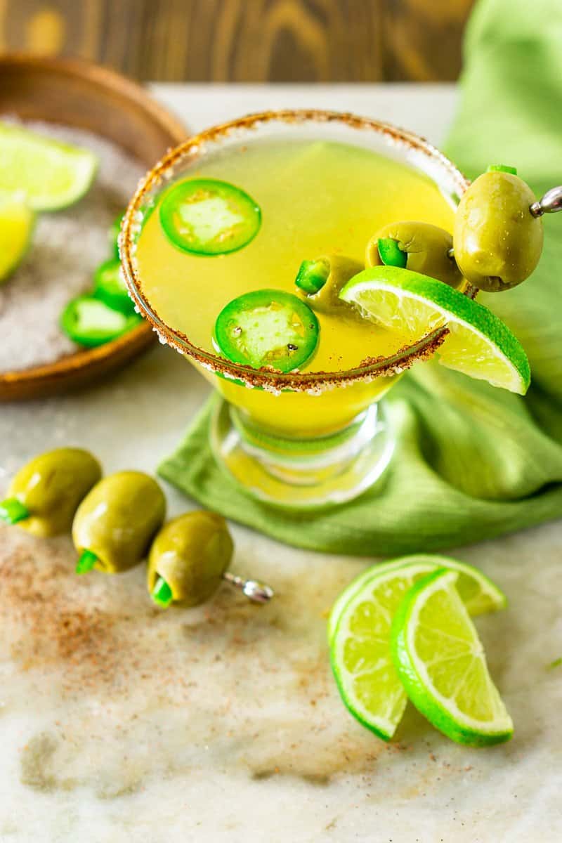 A spicy Mexican martini on a green napkin.