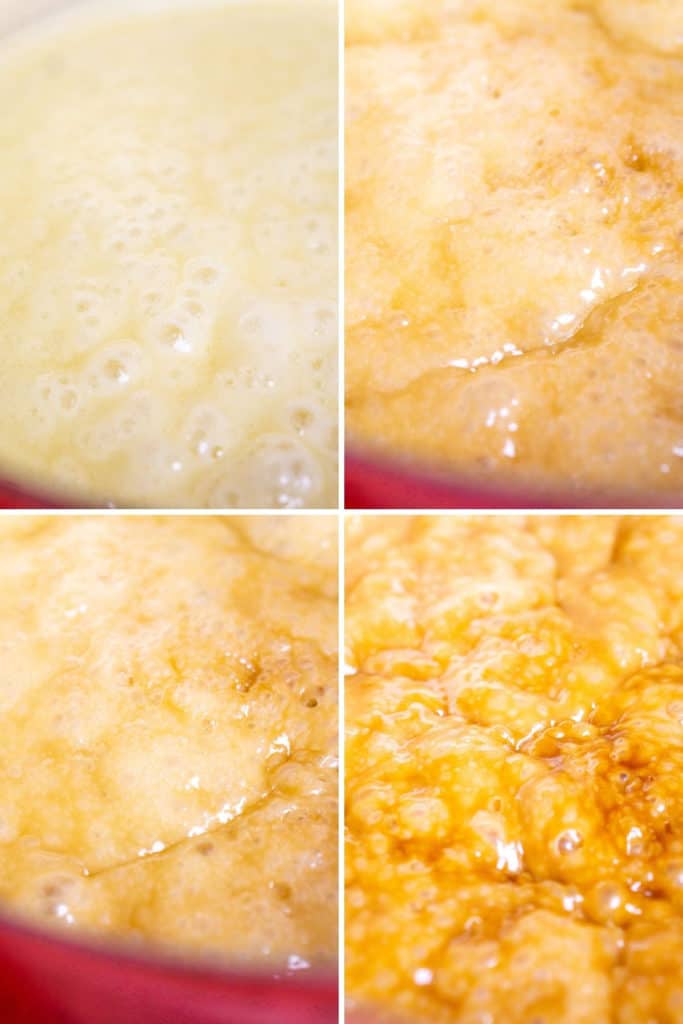 A collage of how the toffee turns from a pale color to an amber hue.