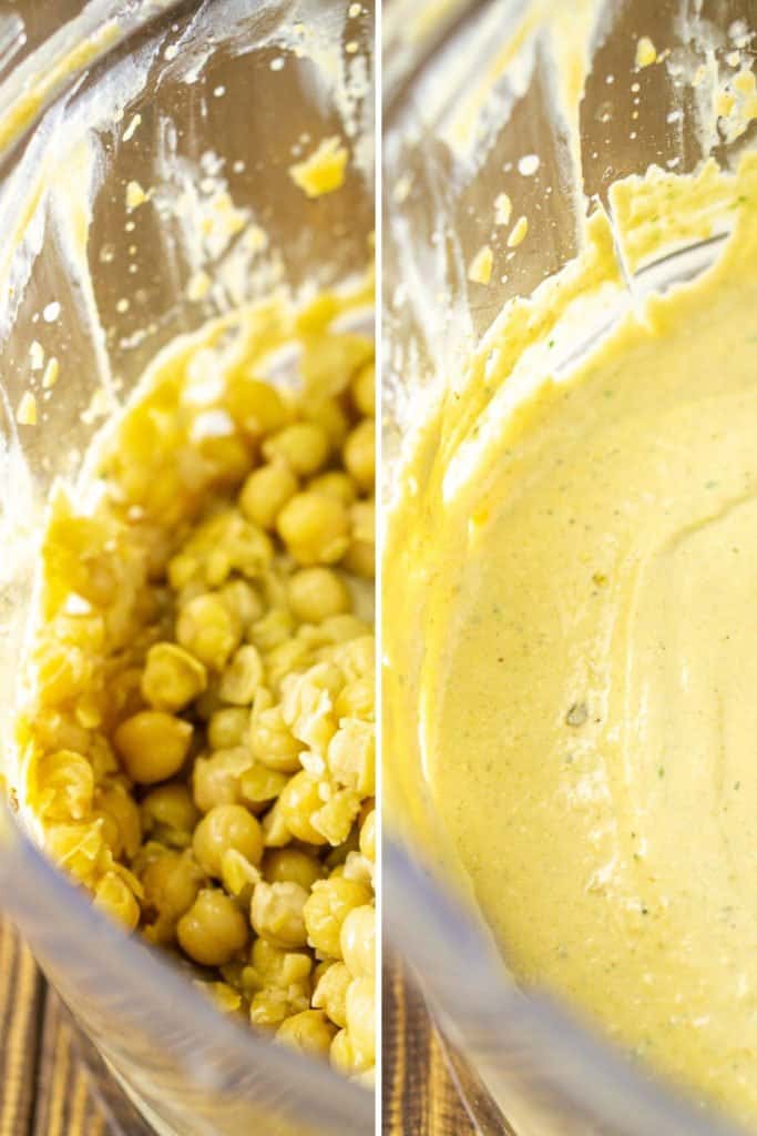 A collage of the boiled chickpeas and the after shot of the hummus after it's been blended to creamy perfection.