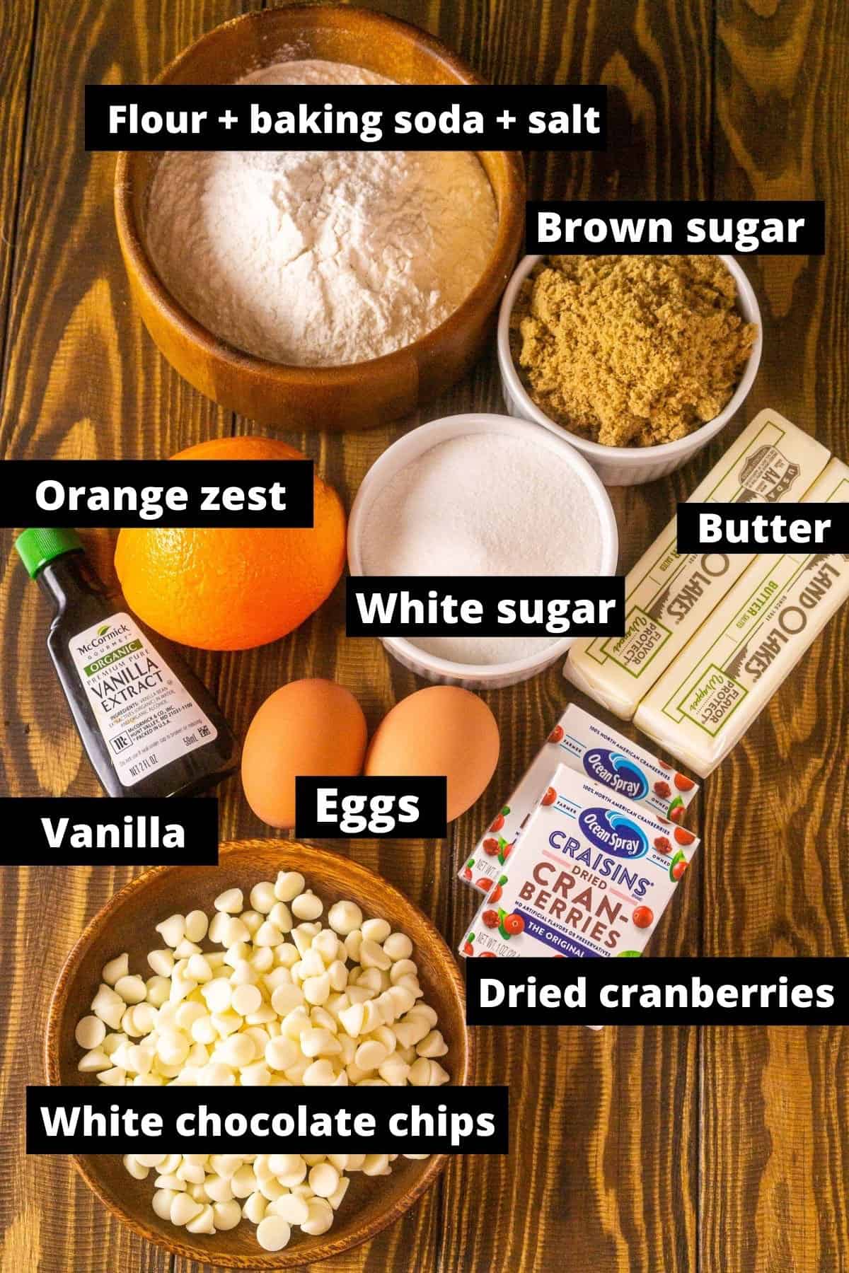 All the ingredients on a wooden board with labels.