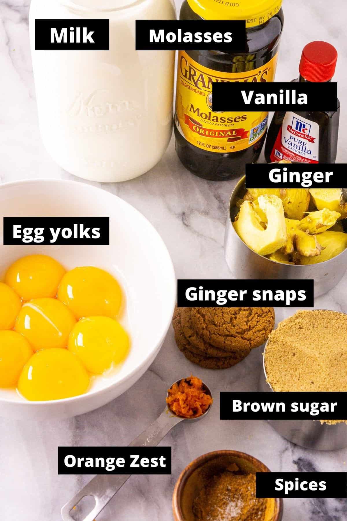 All the ingredients with labels to make the ice cream.