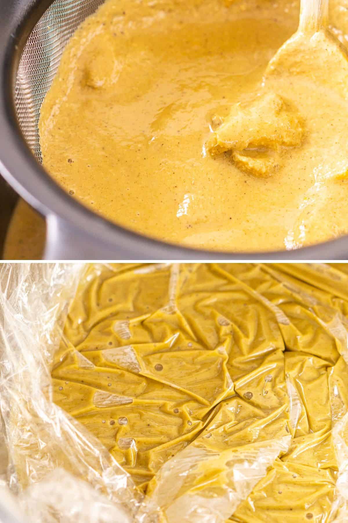 A collage of the process of straining the custard and then covering it with plastic wrap in a large mixing bowl.