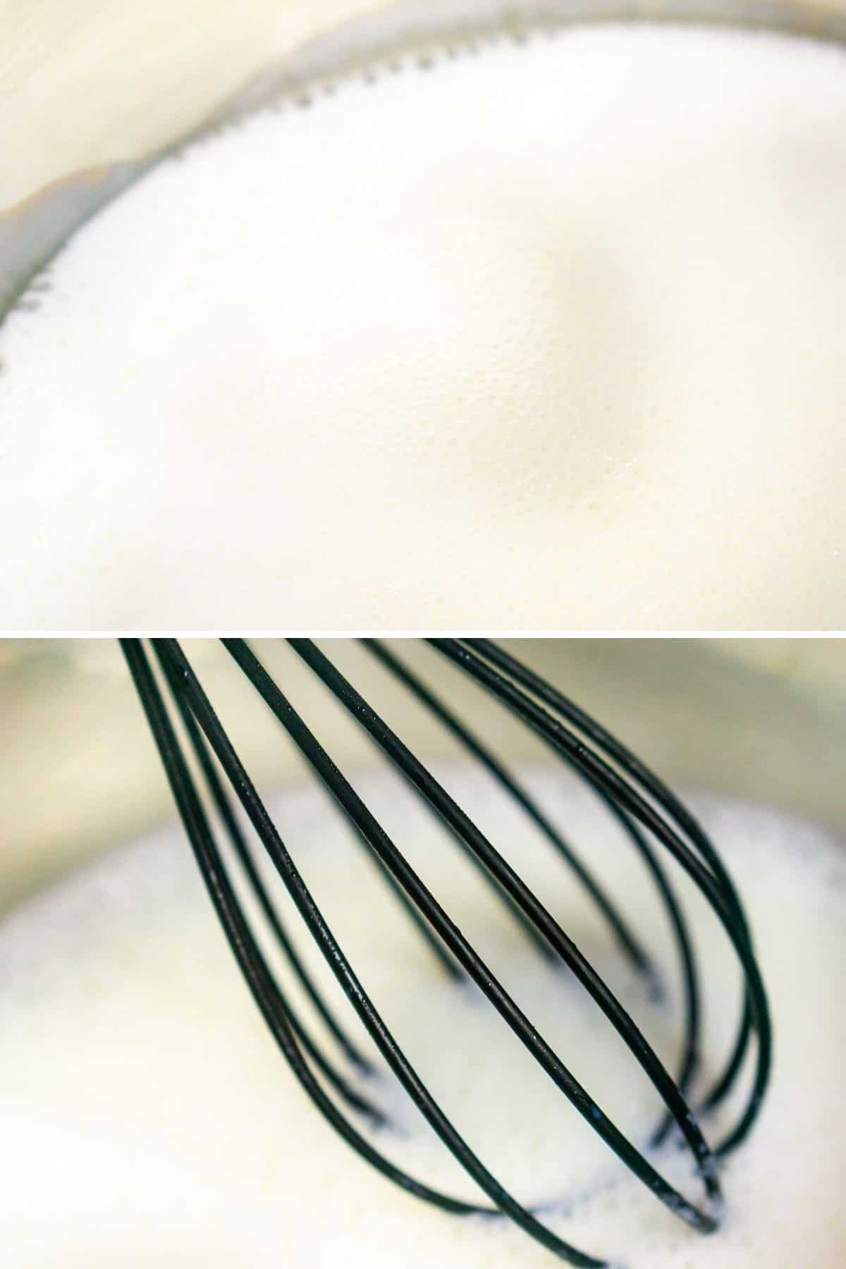 A collage of steaming the milk and then whisking until it's frothy.