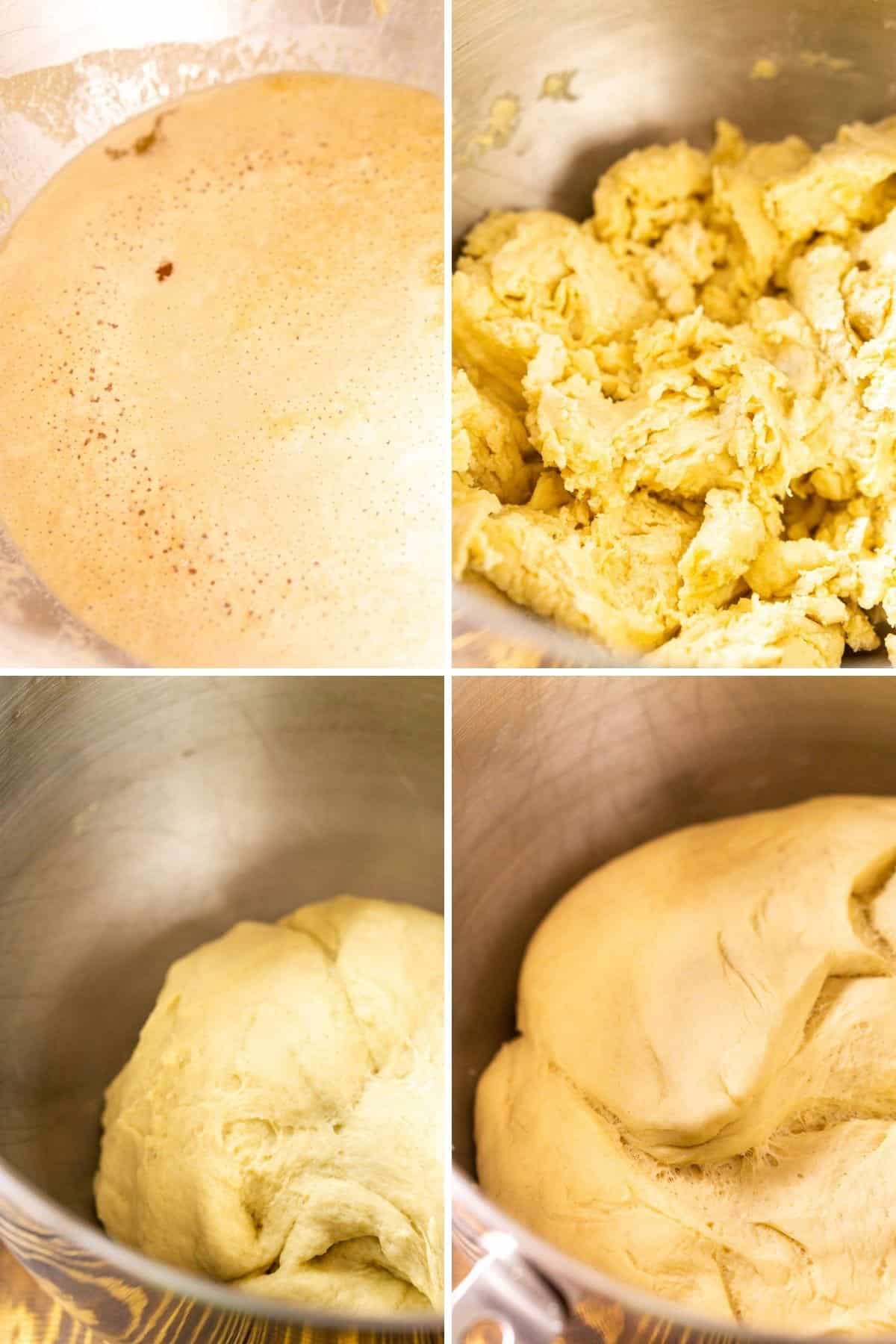 A collage showing the different stages of making the pretzel dough in a large mixing bowl.