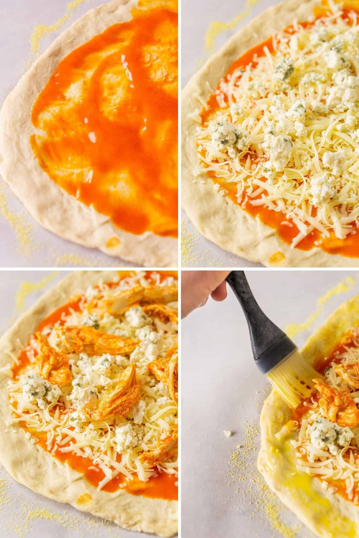 A collage showing the process of add the sauce, cheese and chicken to the pizza on parchment paper.
