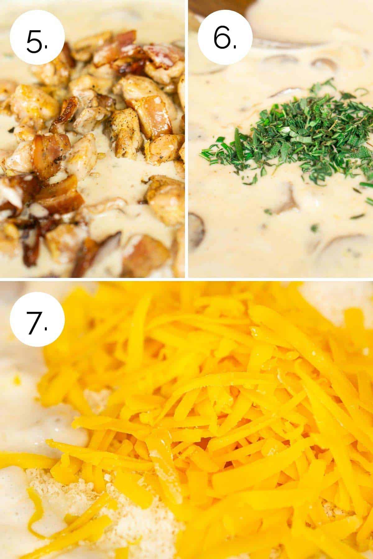 A collage showing the process of adding the mix-ins back to the cream sauce.