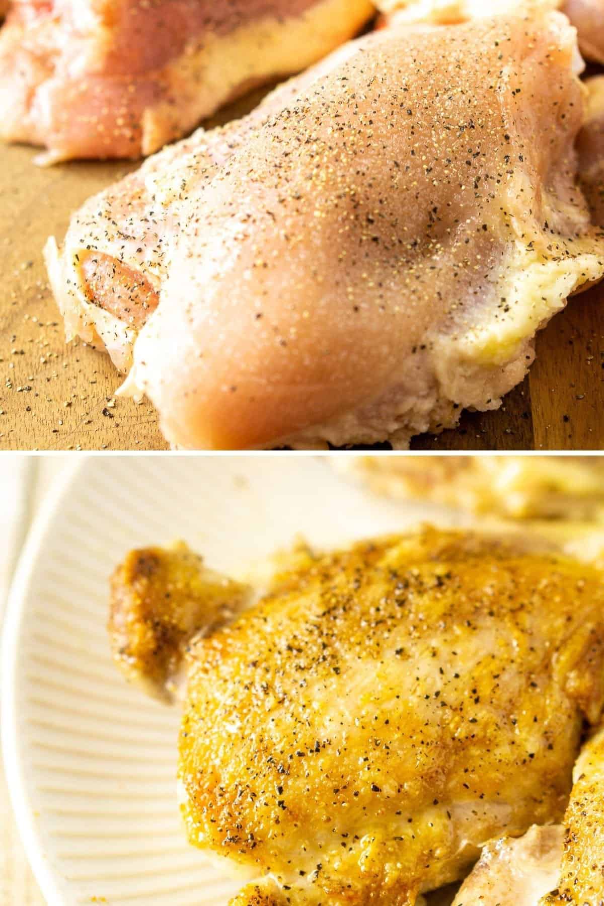 A collage showing the process of cooking the raw chicken until it browns.