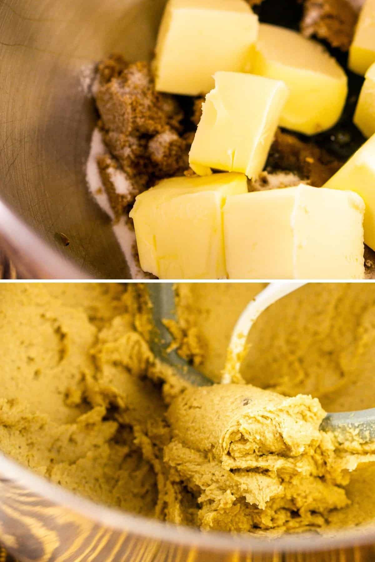 A collage showing the sugar and butter before creaming and then after creaming once light and fluffy.