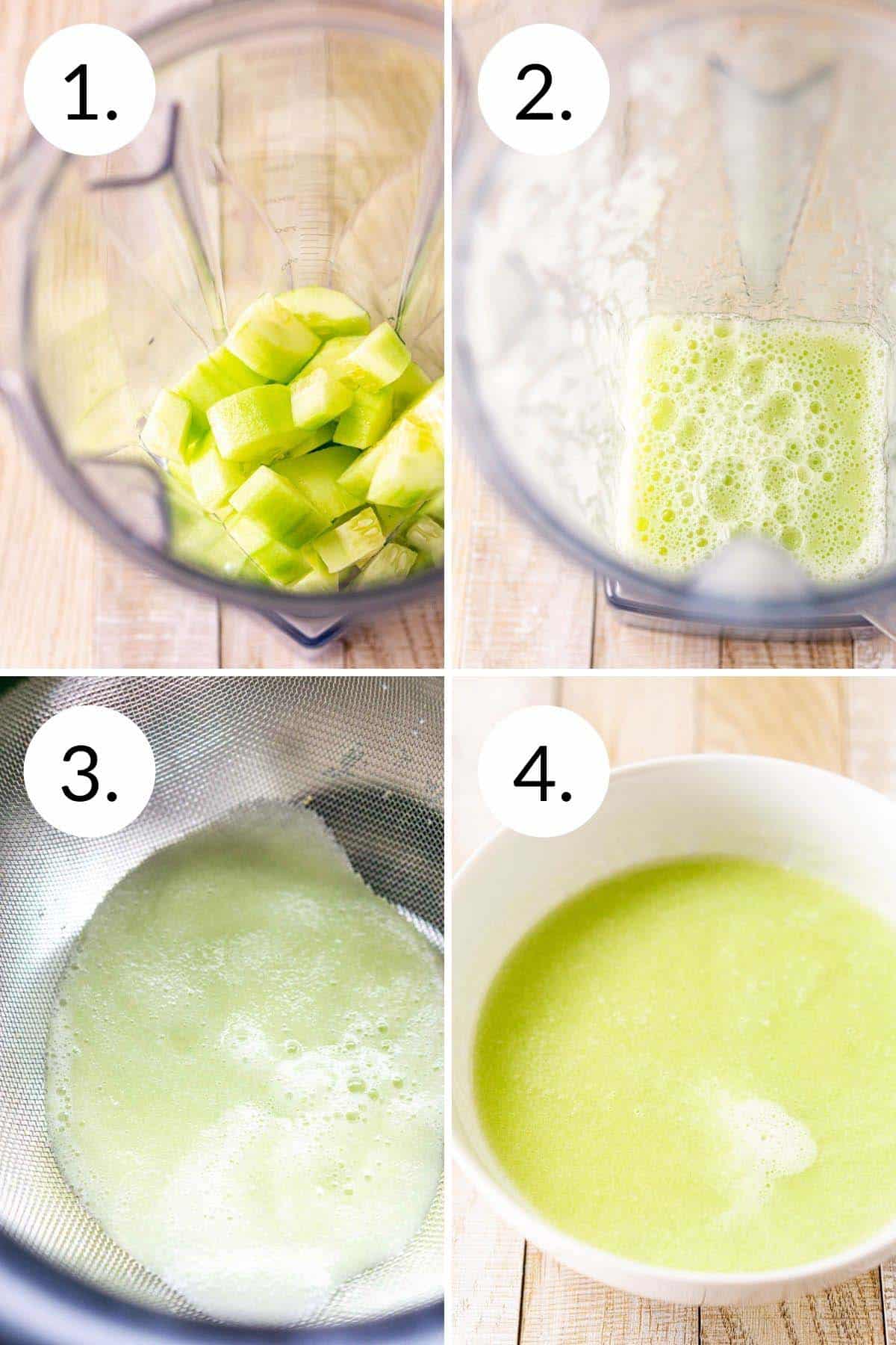 A collage showing the process of making the cucumber juice.