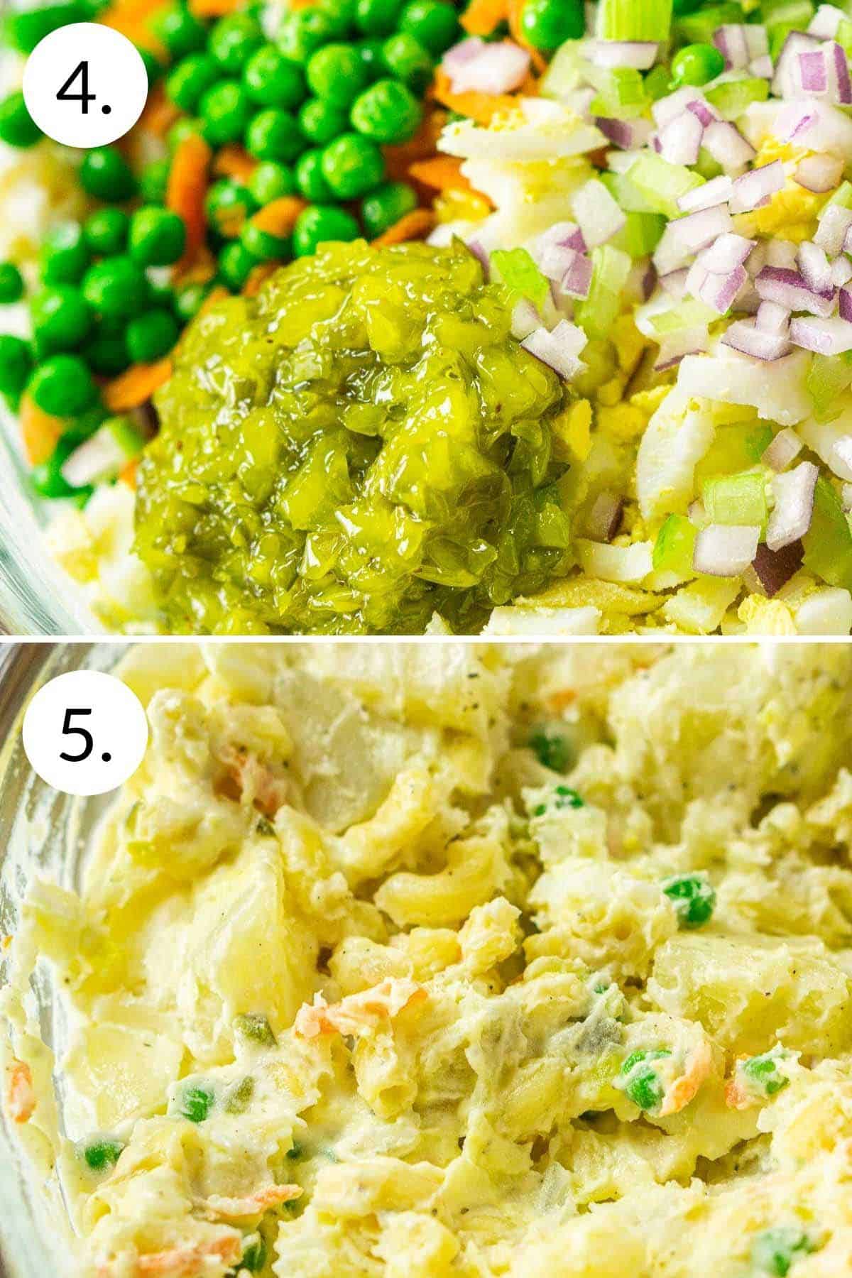 A collage showing the process of combining the mix-ins into the potato salad.