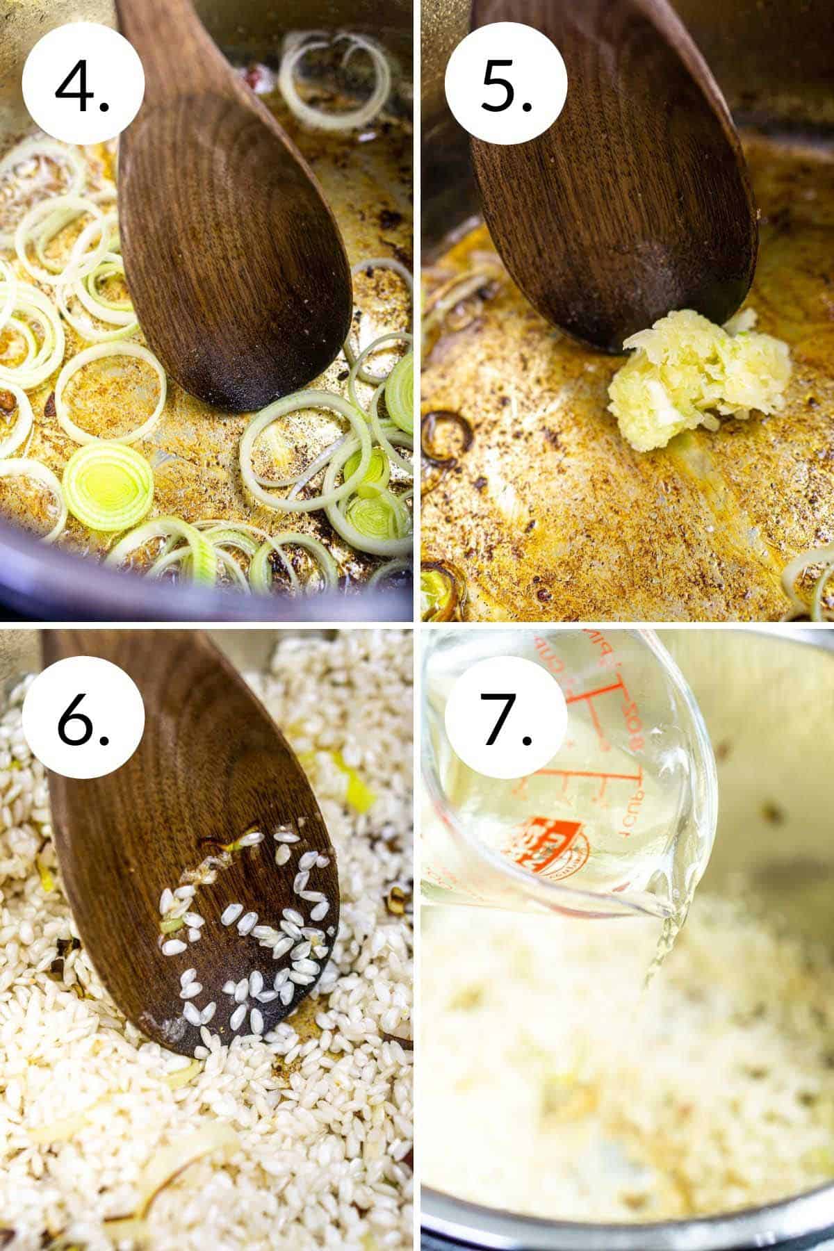 A collage showing the process of cooking the leeks, garlic, rice and adding the wine.