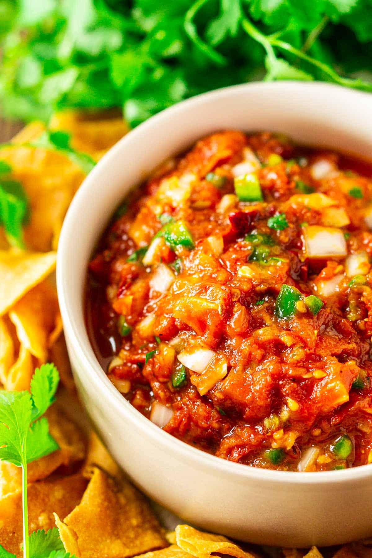 A close-up shot of the tomato-chipotle salsa with a bunch of cilantro and chips around it.