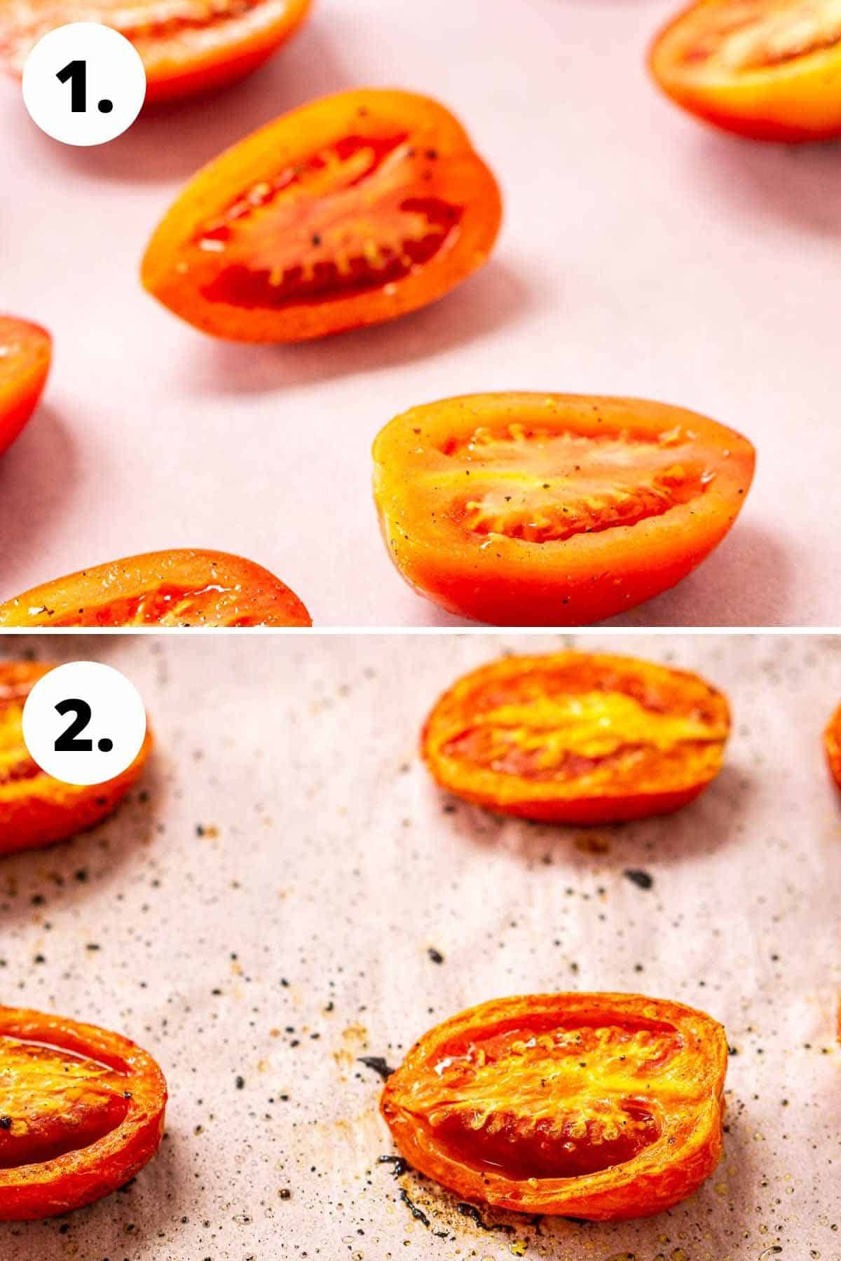 A collage showing the tomatoes on a sheet pan before roasting and then after roasting.