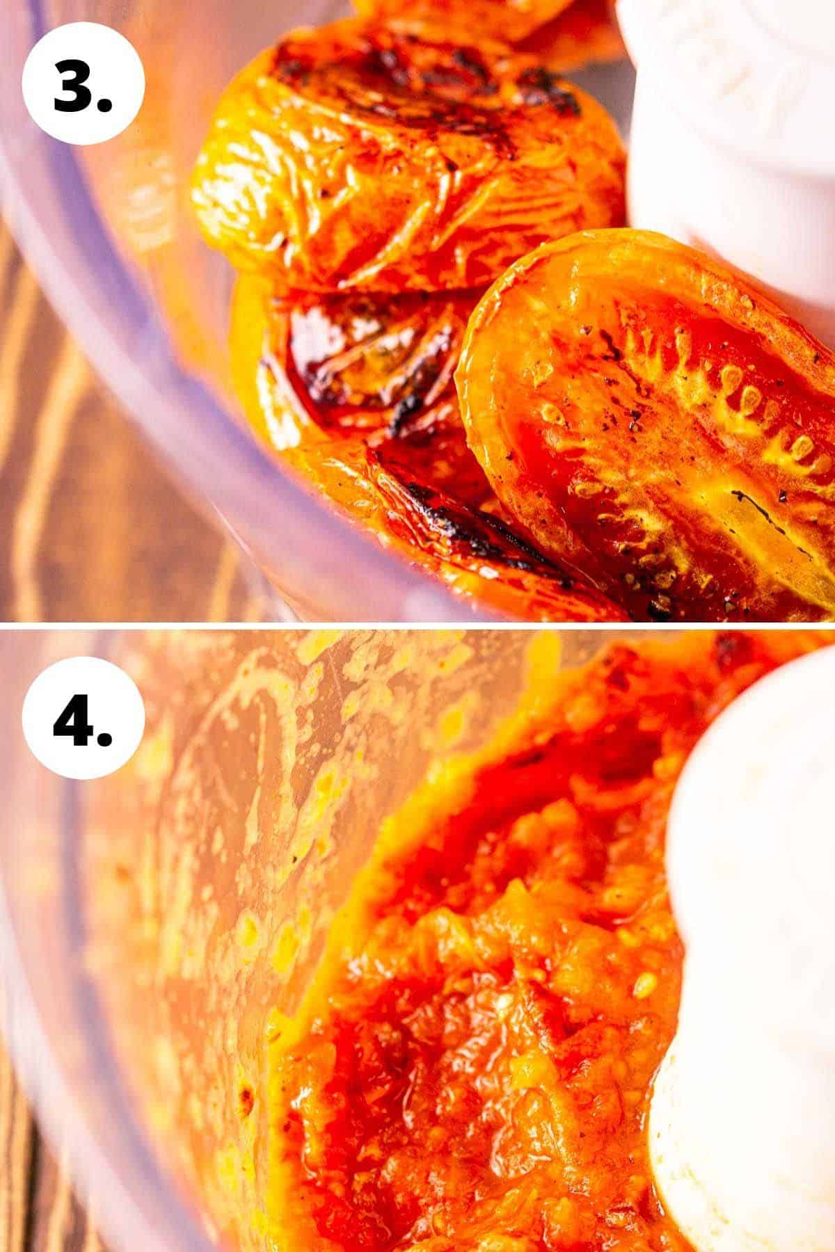 A collage showing the tomatoes in a food processor before blending and then after.