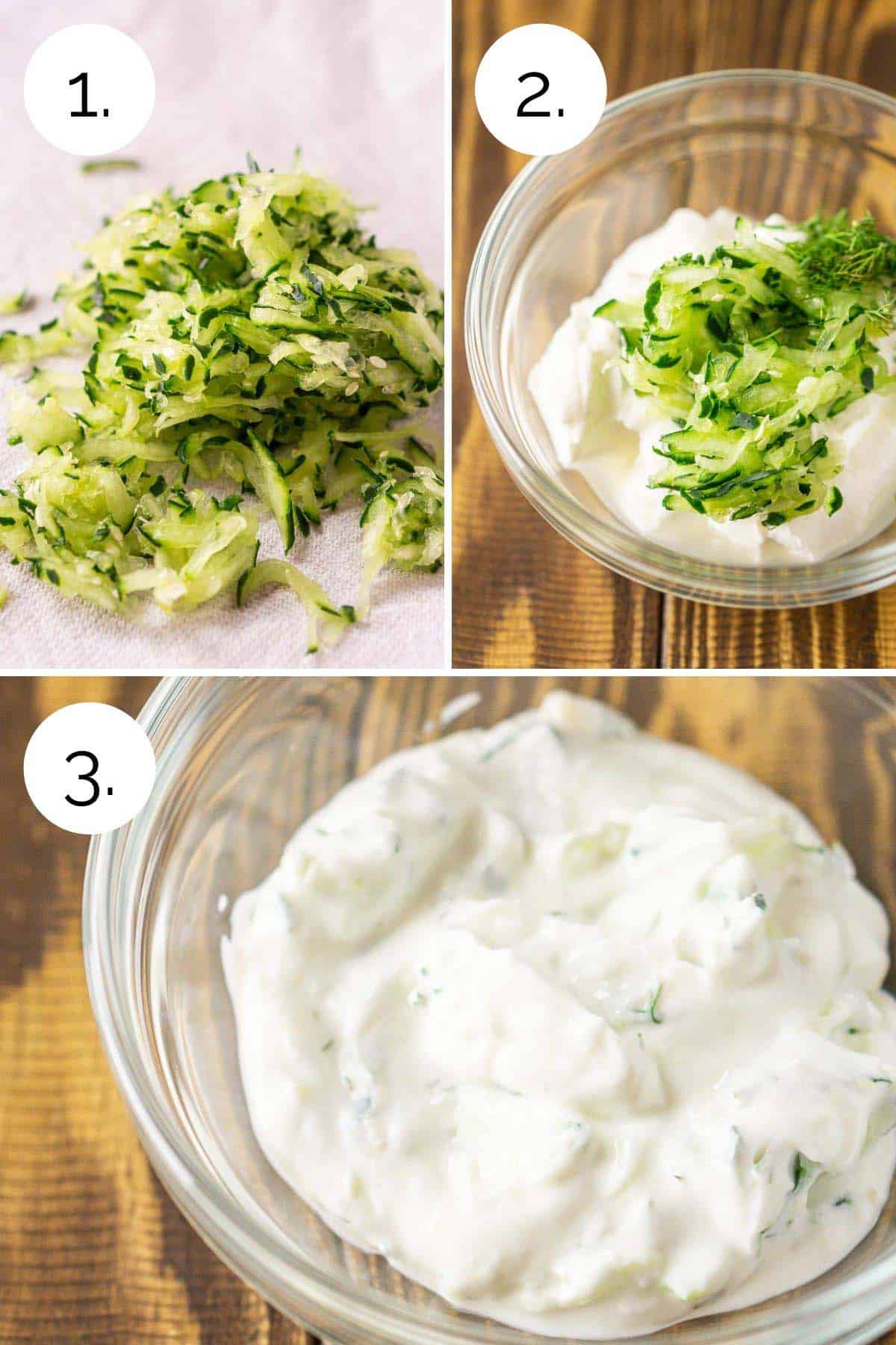 A photo collage showing the process of making the tzatziki sauce.