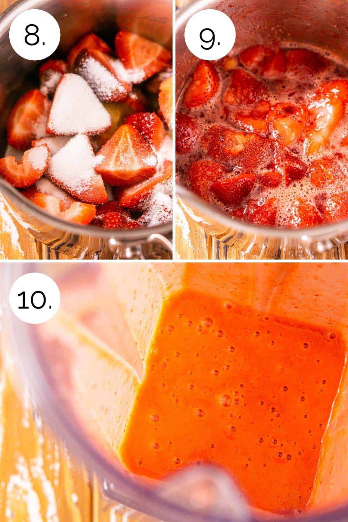 Show how to cook the strawberries and then blending into a smooth mixture.