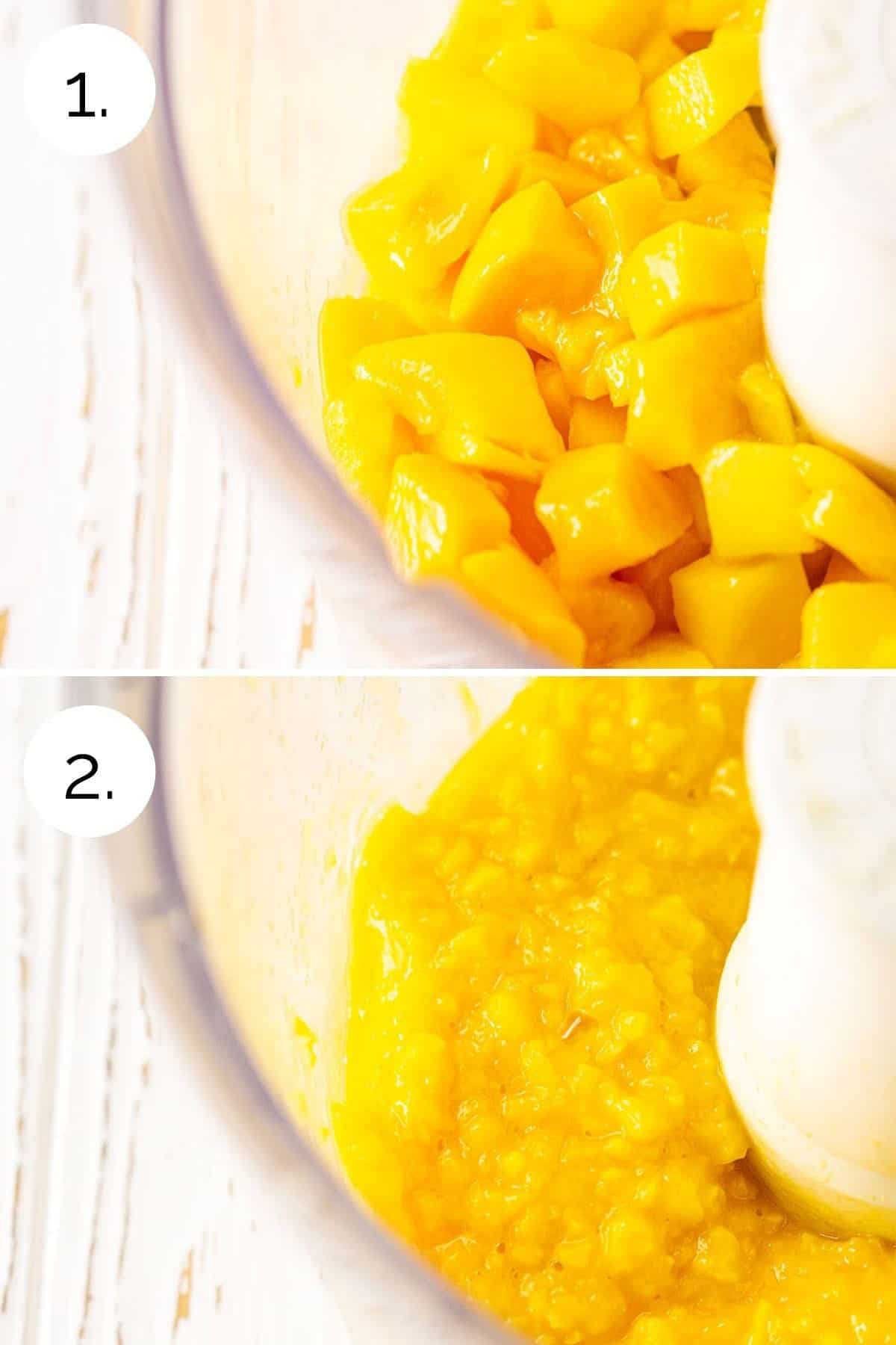 A collage showing the process of making the mango base in a food processor.