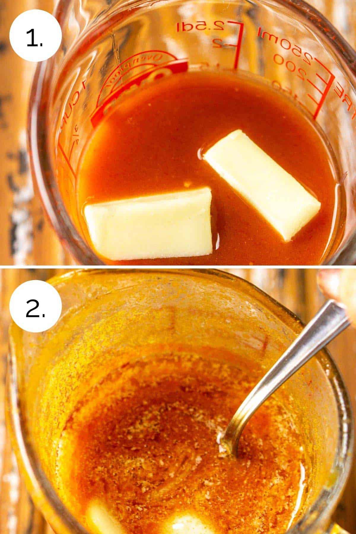 Showing the process of melting the butter with the sauce in a measuring cup.