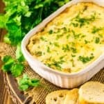 The green chile dip with a bundle of cilantro behind it and bread to the side.