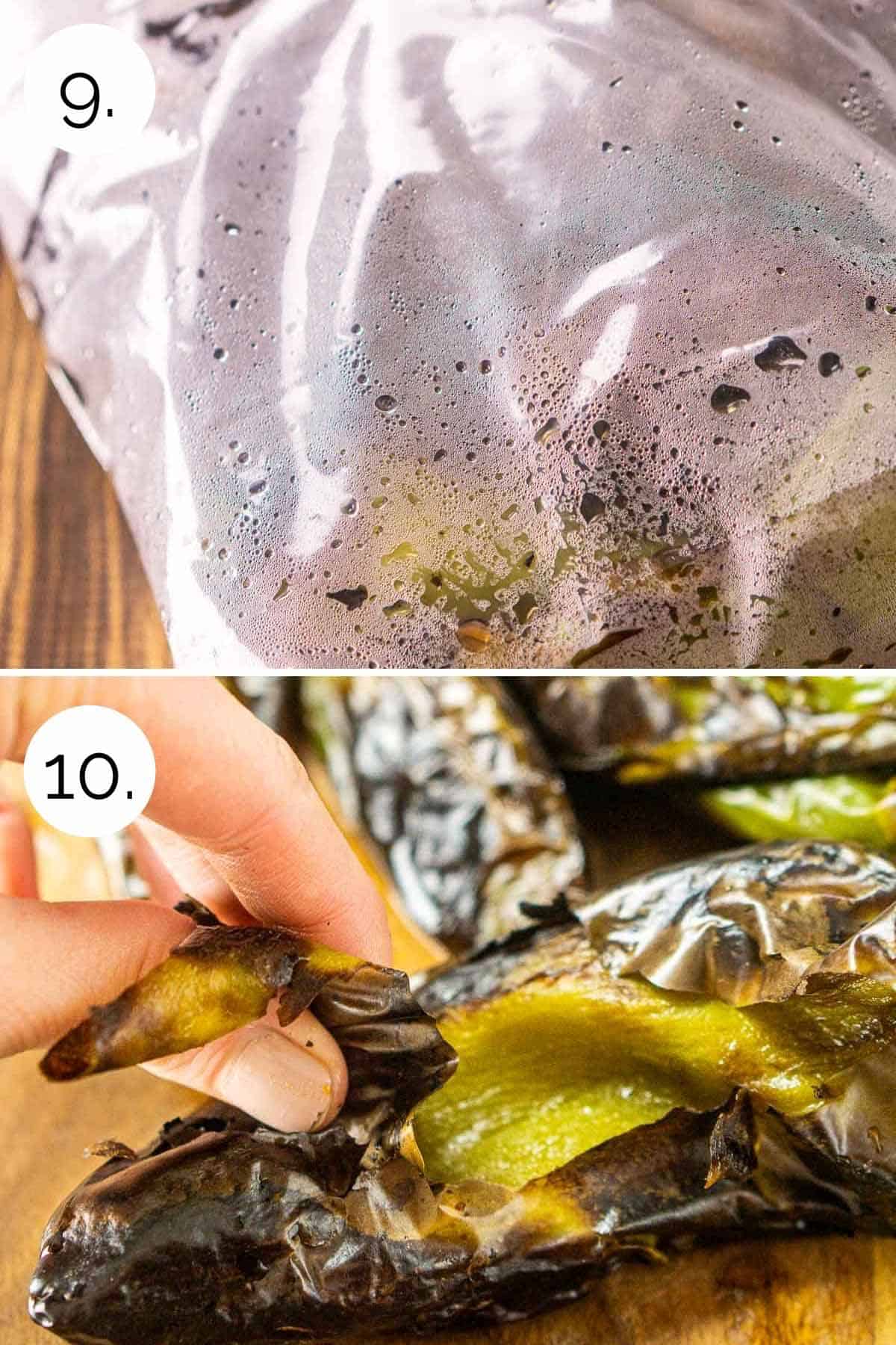 A collage showing peeling the green chiles and letting them sit in a plastic bag.