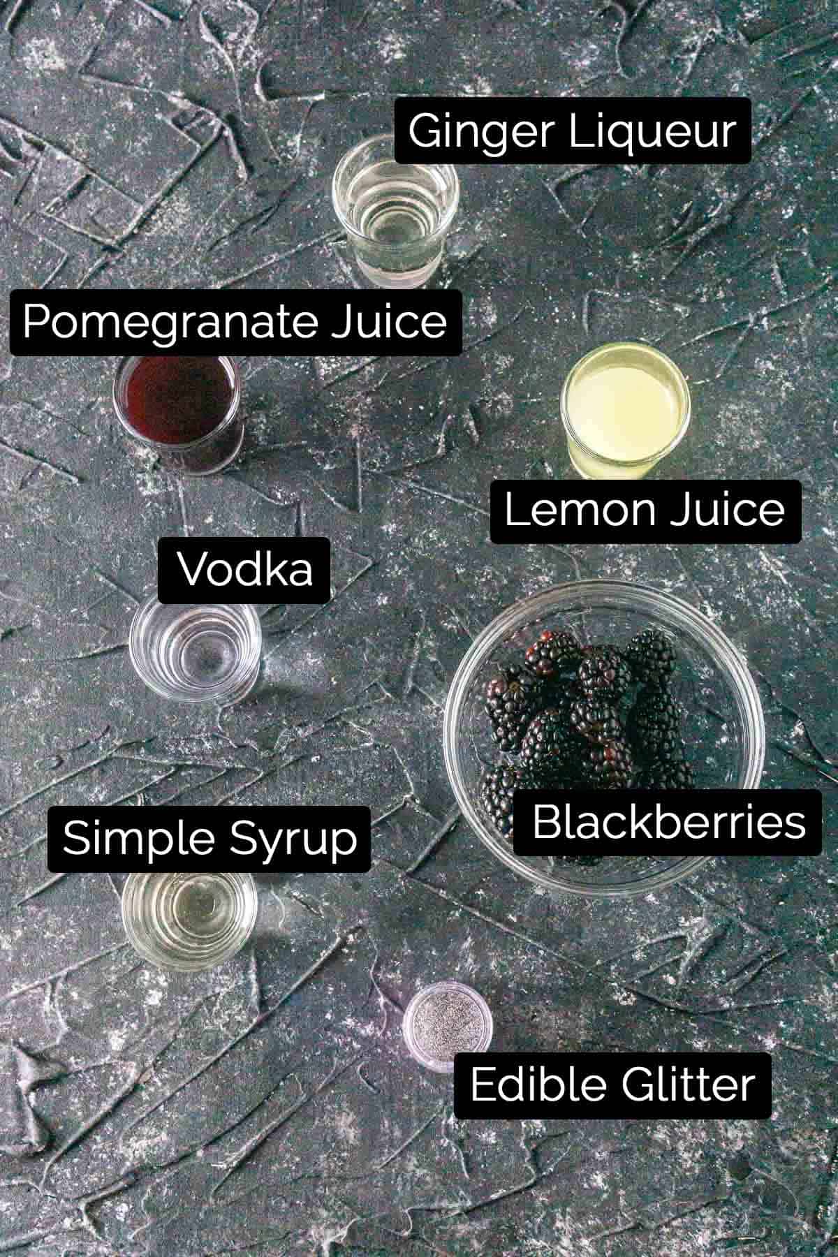 The ingredients on a black board with labels.