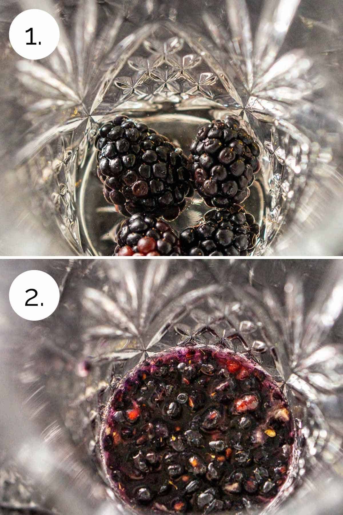 Muddling the blackberries in a clear cocktail shaker.