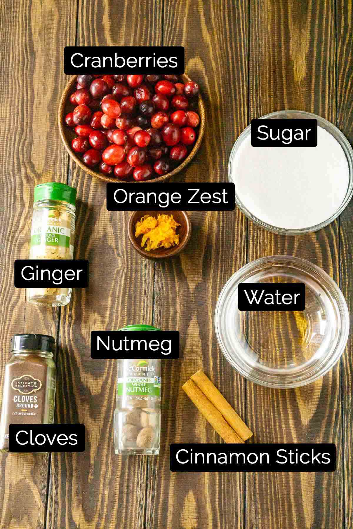 The ingredients with labels on a wooden board.
