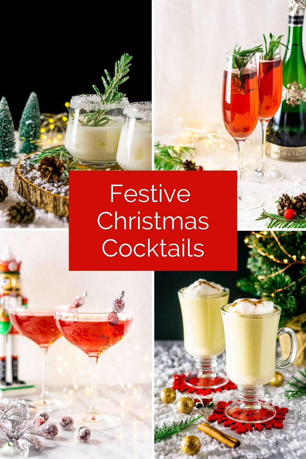 A collage showing four festive Christmas cocktails with text overlay.