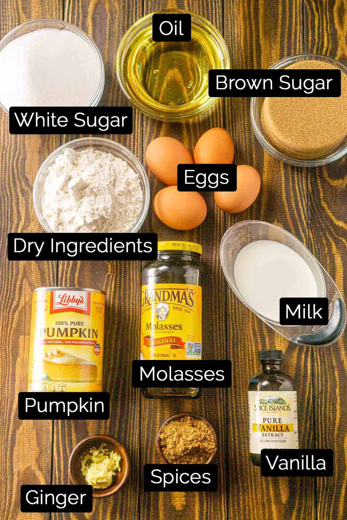 The pumpkin gingerbread ingredients on a wooden board with labels.