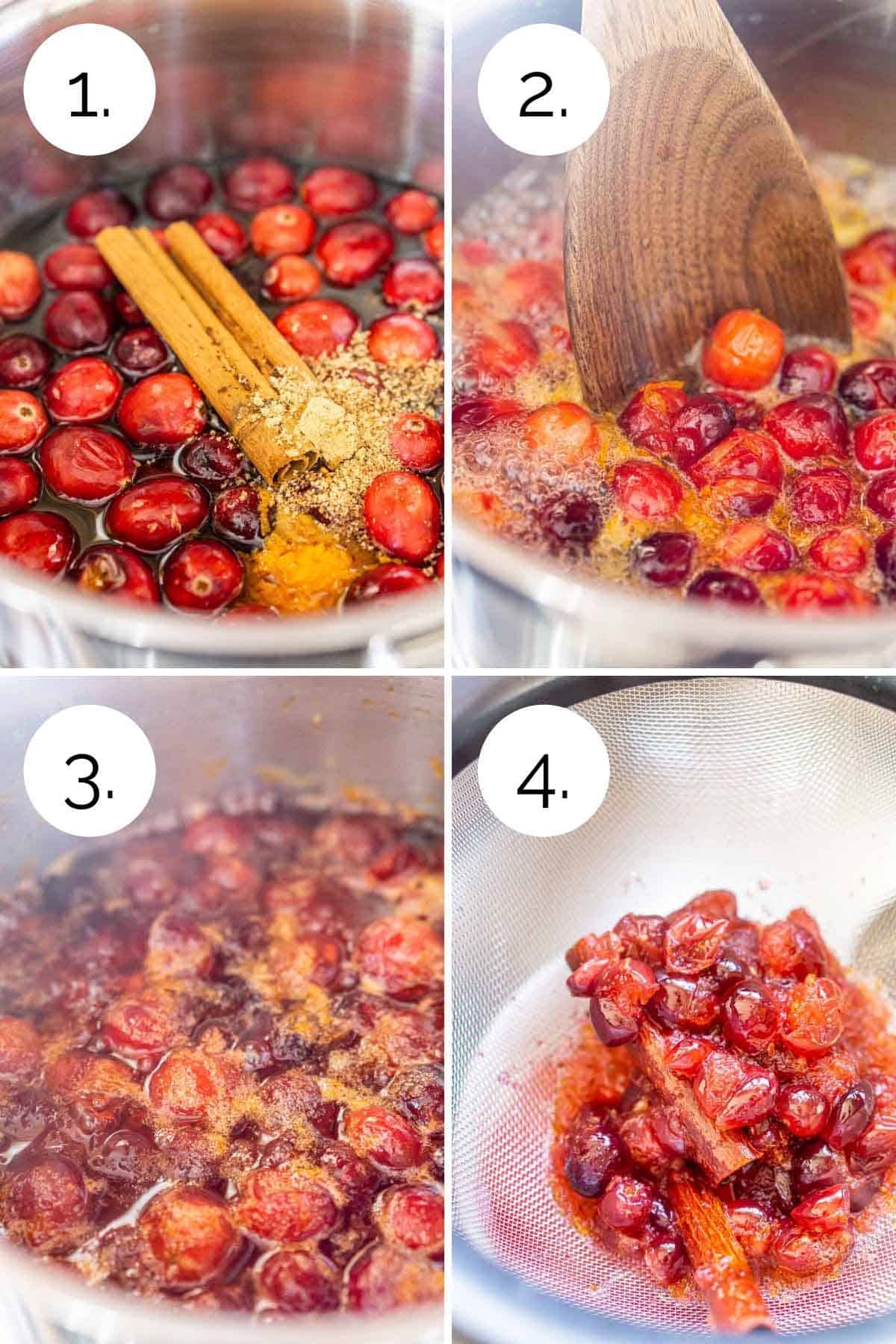 A collage showing the process of making the spiced cranberry simple syrup.