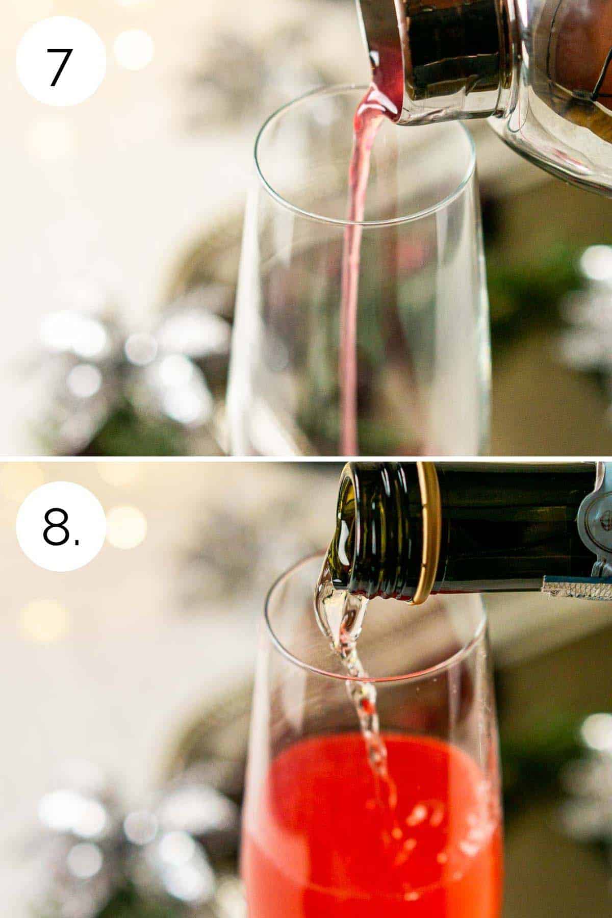 A collage showing the process of straining the cocktail shaker and pouring in the Champagne.