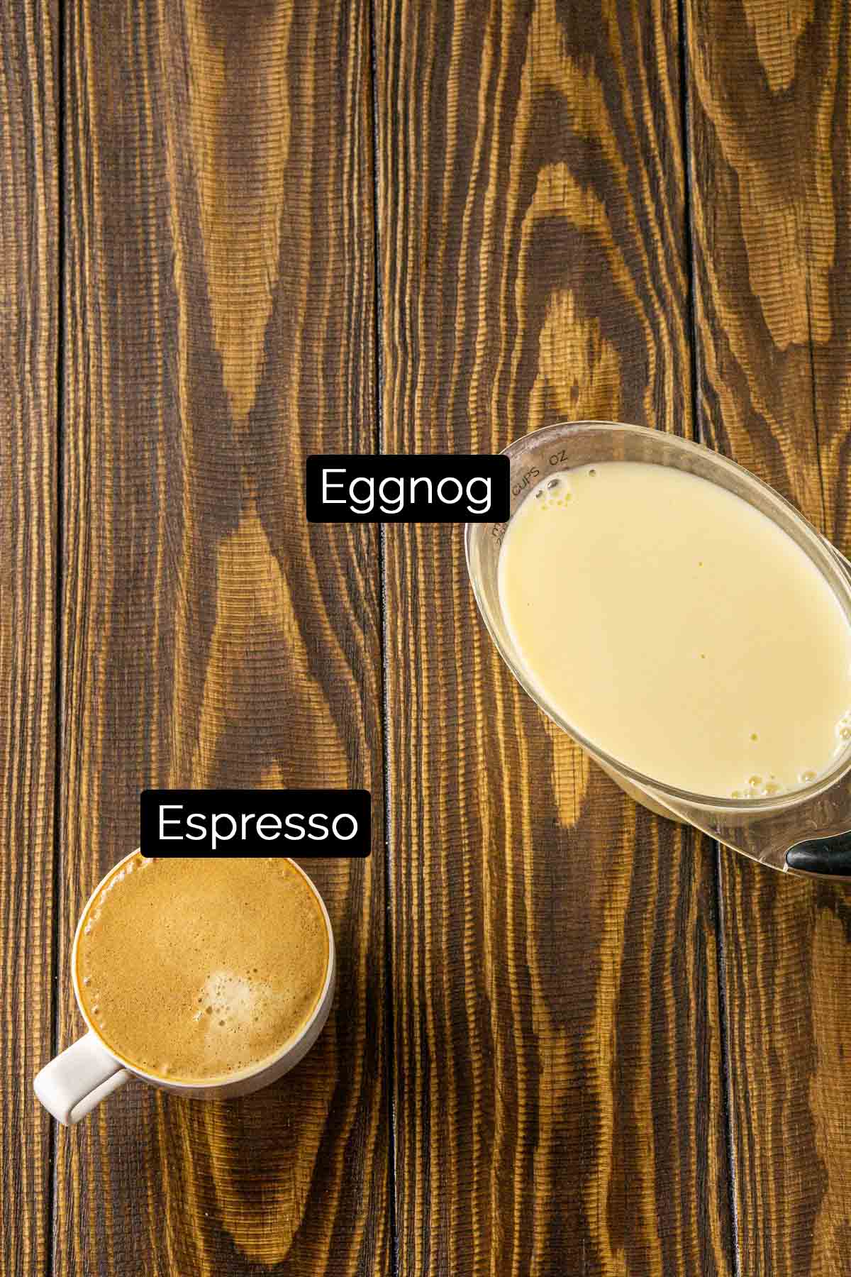 The eggnog latte ingredients with black and white labels.