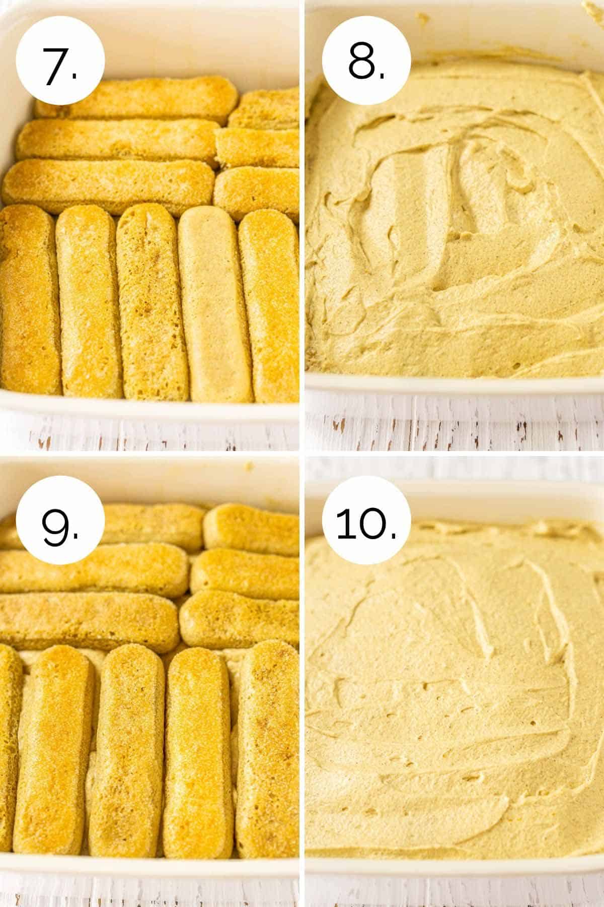 A four-photo collage showing how to assemble the tiramisu layers in a baking dish.
